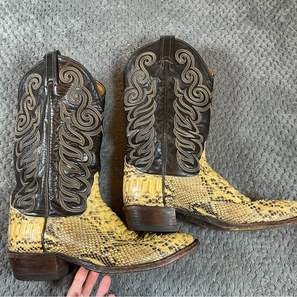 Tony Lama Yellow Snakeskin Western Boots with Dark Brown Shaft